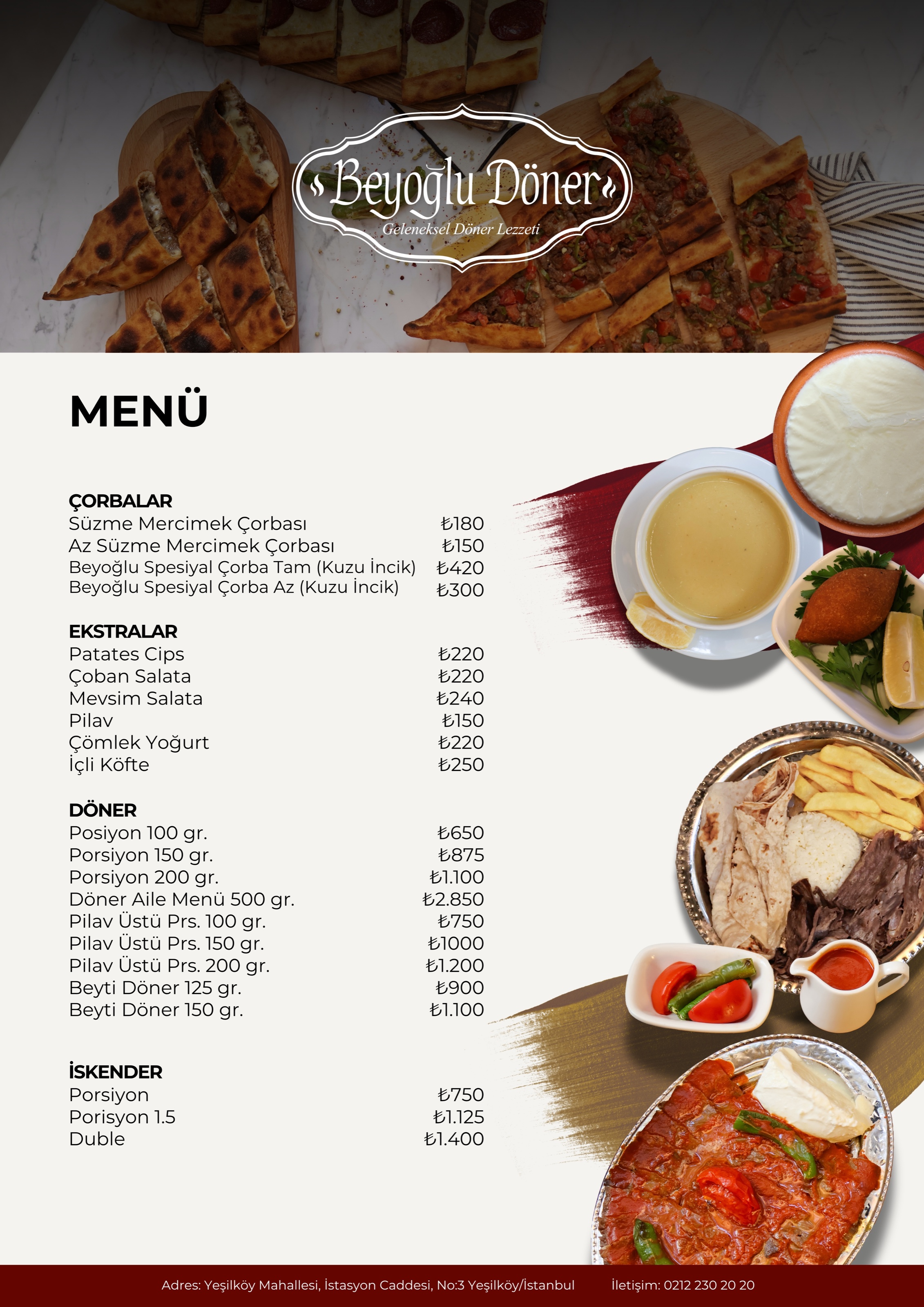Beyoğlu Döner menüsü 1. sayfa: çorbalar, ekstralar, döner ve iskender fiyatları