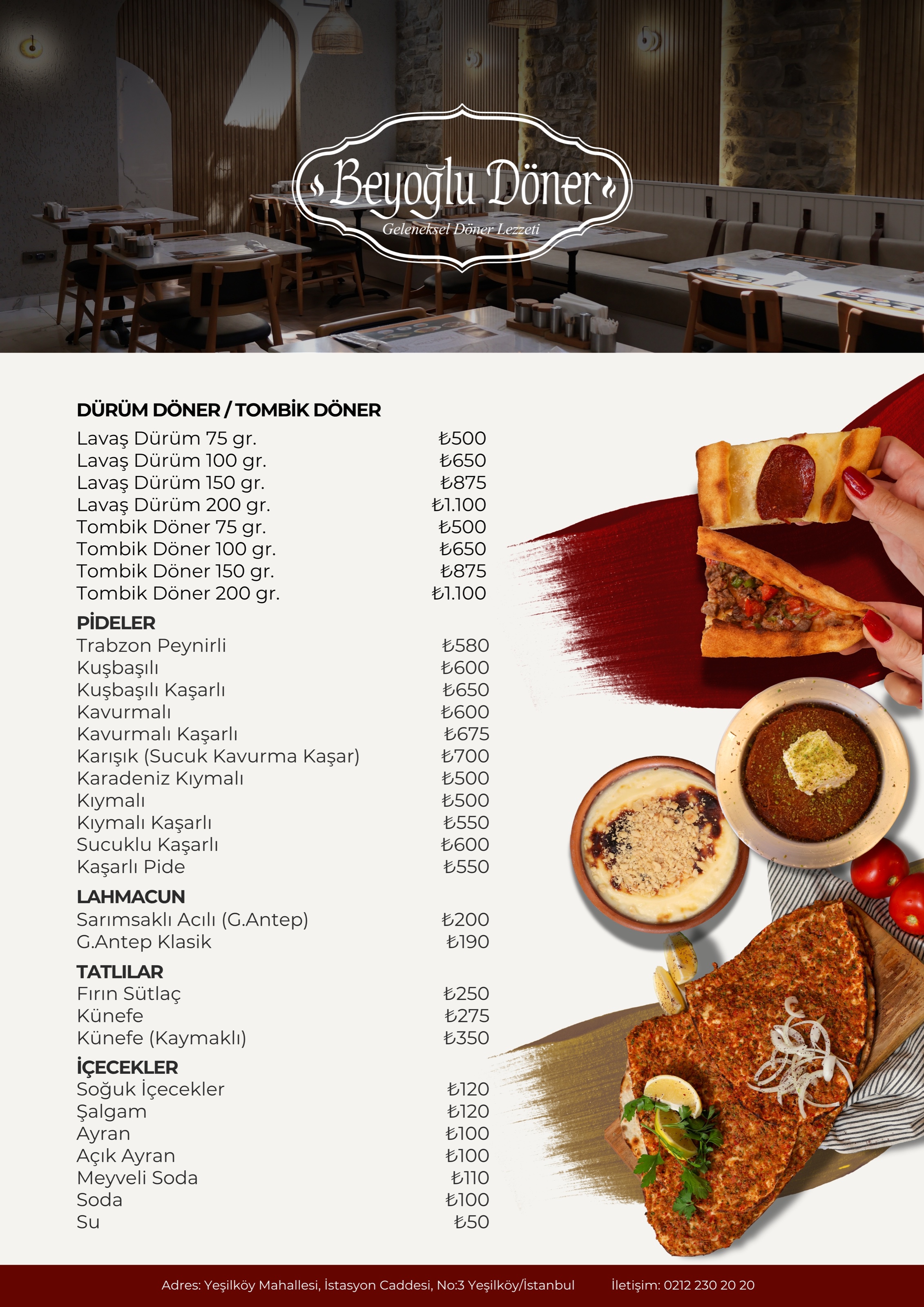 Beyoğlu Döner menüsü 2. sayfa: lavaş dürüm, tombik, pideler, lahmacun, tatlılar ve içecekler